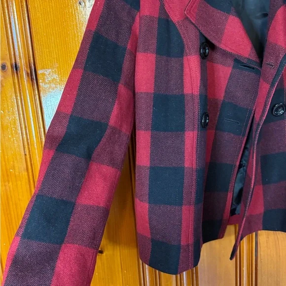 GAP‎ Women's Checkered Pea Coat in Red and Black - Picture 2 of 12